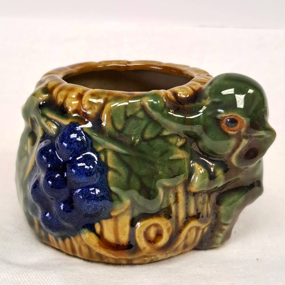 Vintage 5” handmade and artist signed majolica Elephant pottery planter